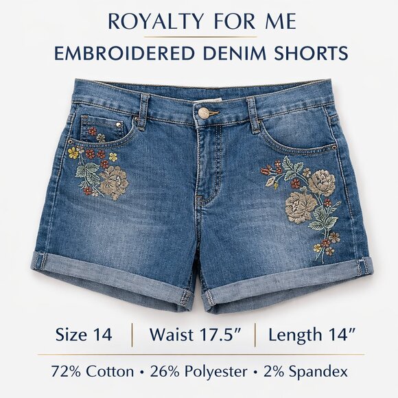 Royalty For Me Pants - Royalty For Me Embroidered Denim Shorts Women’s Size 14 Blue Stretch Floral Casu